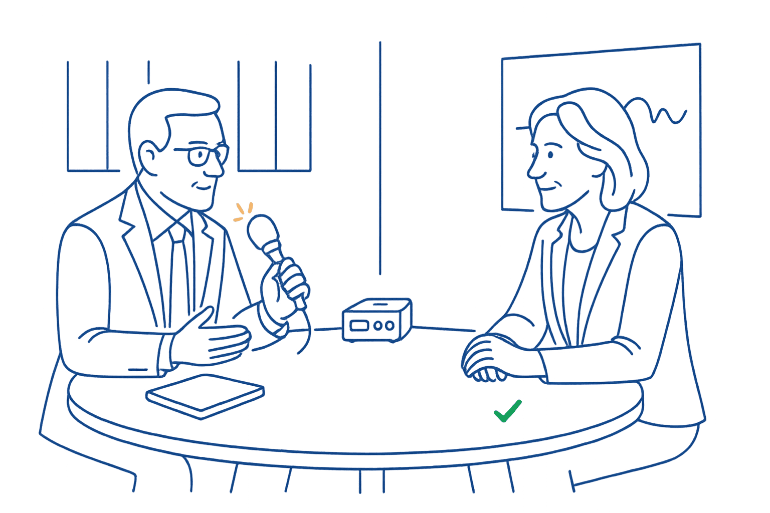 Two leaders in a recorded conversation at a round table.