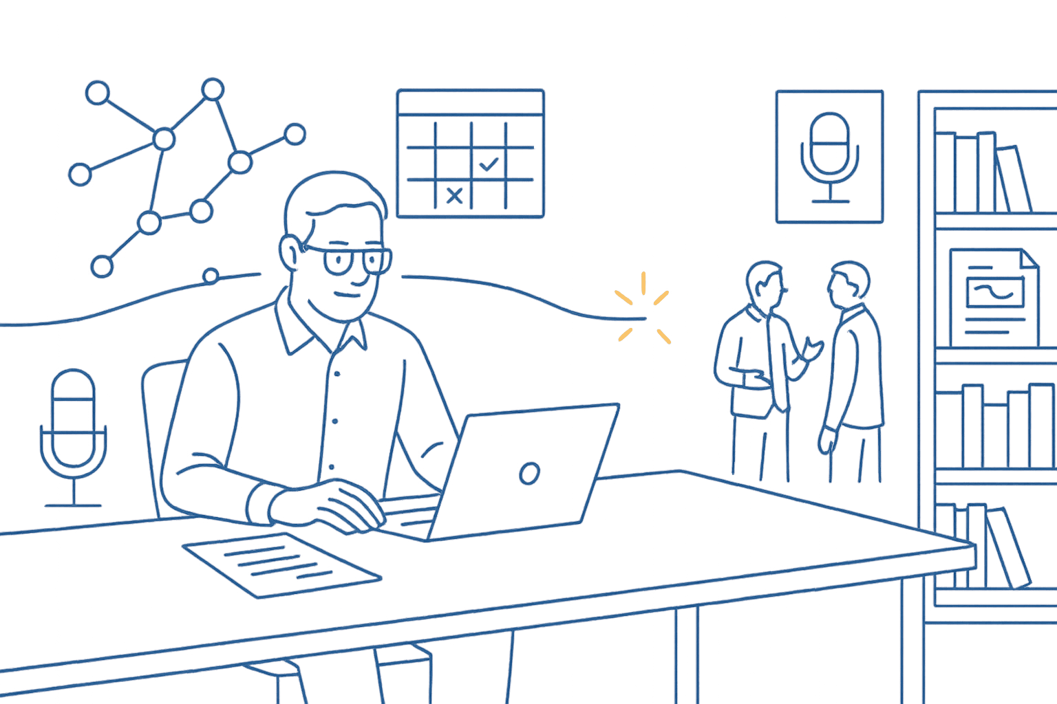 Marketing leader working at a desk with icons of networks, analytics, and conversations symbolizing ongoing influence.