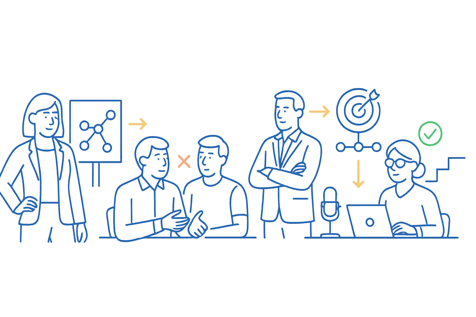 People collaborating, coaching, and working together in different organizational roles.